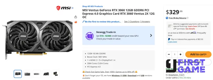 MSI GeForce RTX 3060 12GB graphics card with dual fans and PCIe edge connector