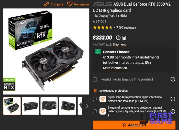 GeForce RTX 3060 graphics card with dual fans beside its packaging box (ASUS branding) on a white background, angled view