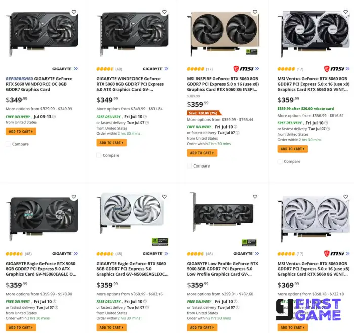 Grid of GPU product cards from Gigabyte and MSI with prices and Add to Cart buttons for each item.