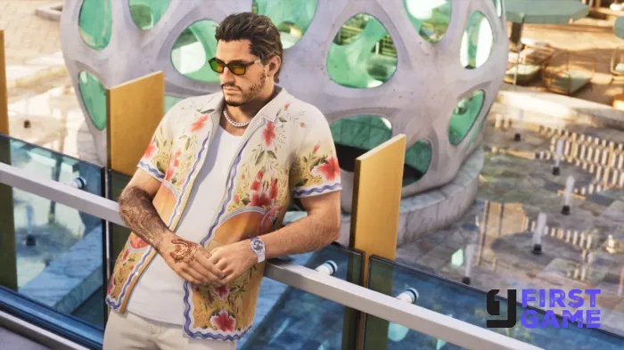 Man wearing a floral Hawaiian shirt and sunglasses leaning on a glass railing beside a futuristic spherical sculpture.
