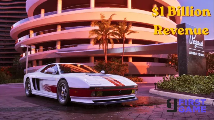 White sports car parked in front of a circular modern building with a large yellow text reading '$1 Billion Revenue' overlaying the scene.