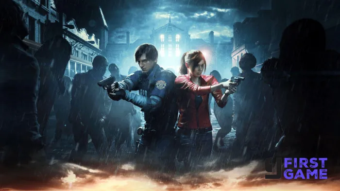 Two armed survivors back-to-back in a rain-soaked city street, facing a crowd of zombies at night.